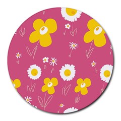 Daisy Flowers Yellow White Dusty Dark Blush Pink Round Mousepad by Mazipoodles