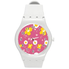 Daisy Flowers Yellow White Dusty Dark Blush Pink Round Plastic Sport Watch (m) by Mazipoodles