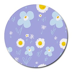 Daisy Flowers Blue White Yellow Lavender Round Mousepad by Mazipoodles