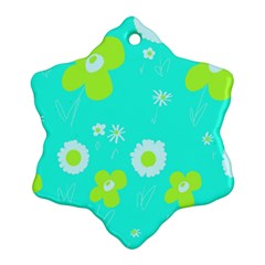 Daisy Flowers Lime Green White Turquoise  Snowflake Ornament (two Sides) by Mazipoodles