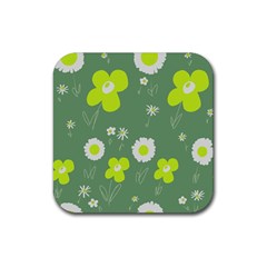 Daisy Flowers Lime Green White Forest Green  Rubber Coaster (square) by Mazipoodles