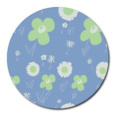 Daisy Flowers Pastel Green White Blue  Round Mousepad by Mazipoodles