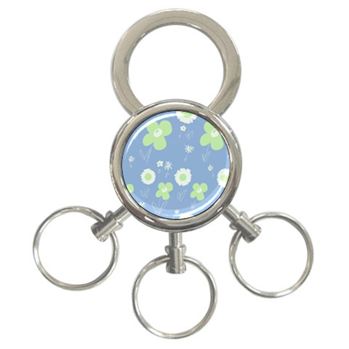 Daisy Flowers Pastel Green White Blue  3-Ring Key Chain