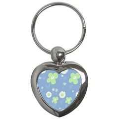 Daisy Flowers Pastel Green White Blue  Key Chain (heart) by Mazipoodles