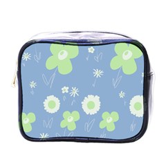 Daisy Flowers Pastel Green White Blue  Mini Toiletries Bag (one Side) by Mazipoodles