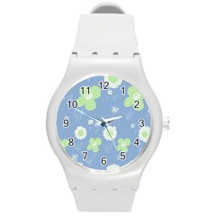 Daisy Flowers Pastel Green White Blue  Round Plastic Sport Watch (m) by Mazipoodles