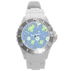 Daisy Flowers Pastel Green White Blue  Round Plastic Sport Watch (l) by Mazipoodles