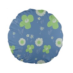 Daisy Flowers Pastel Green White Blue  Standard 15  Premium Flano Round Cushions by Mazipoodles