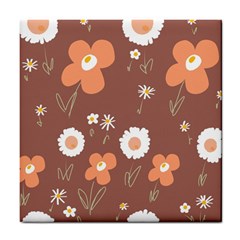 Daisy Flowers Coral White Green Brown  Tile Coaster