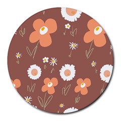 Daisy Flowers Coral White Green Brown  Round Mousepad by Mazipoodles