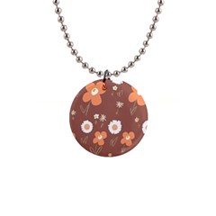 Daisy Flowers Coral White Green Brown  1  Button Necklace by Mazipoodles