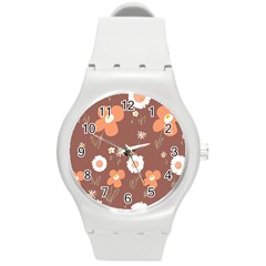 Daisy Flowers Coral White Green Brown  Round Plastic Sport Watch (m) by Mazipoodles