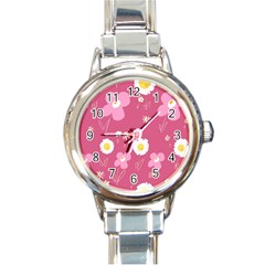 Daisy Flowers Pink White Yellow Dusty Pink Round Italian Charm Watch by Mazipoodles