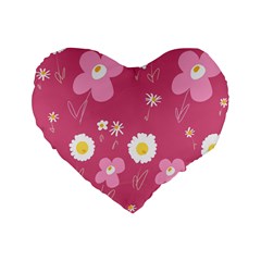 Daisy Flowers Pink White Yellow Dusty Pink Standard 16  Premium Flano Heart Shape Cushions by Mazipoodles