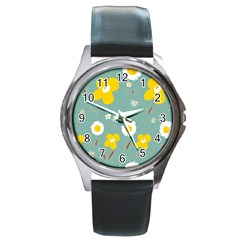 Daisy Flowers Yellow White Brown Sage Green  Round Metal Watch