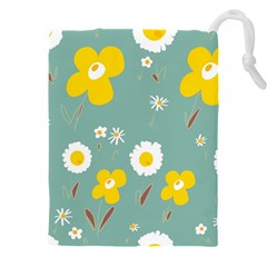 Daisy Flowers Yellow White Brown Sage Green  Drawstring Pouch (4xl) by Mazipoodles