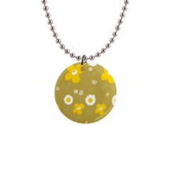 Daisy Flowers Yellow White Olive  1  Button Necklace by Mazipoodles