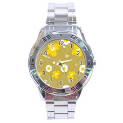 Daisy Flowers Yellow White Olive  Stainless Steel Analogue Watch by Mazipoodles