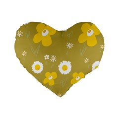 Daisy Flowers Yellow White Olive  Standard 16  Premium Flano Heart Shape Cushions by Mazipoodles