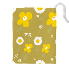 Daisy Flowers Yellow White Olive  Drawstring Pouch (4xl) by Mazipoodles