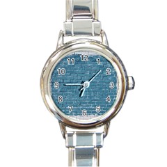 White And Blue Brick Wall Round Italian Charm Watch