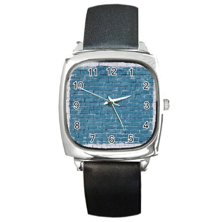 White And Blue Brick Wall Square Metal Watch