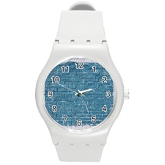 White And Blue Brick Wall Round Plastic Sport Watch (M)