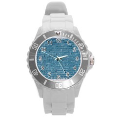 White And Blue Brick Wall Round Plastic Sport Watch (L)