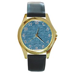 White And Blue Brick Wall Round Gold Metal Watch by artworkshop