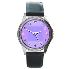 Pixel Plaid Lilac Lavender Mauve Violet Purple  Round Metal Watch by Mazipoodles