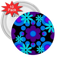 Flowers Pearls And Donuts Blue Purple Black 3  Buttons (10 Pack)  by Mazipoodles