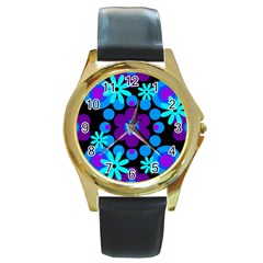 Flowers Pearls And Donuts Blue Purple Black Round Gold Metal Watch by Mazipoodles