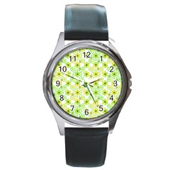 Bitesize Flowers Pearls And Donuts Yellow Green Check White Round Metal Watch by Mazipoodles