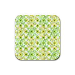 Bitesize Flowers Pearls And Donuts Yellow Green Check White Rubber Coaster (square) by Mazipoodles