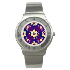 Flowers Pearls And Donuts Purple Burgundy Peach Navy Stainless Steel Watch by Mazipoodles