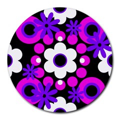 Flowers Pearls And Donuts Purple Hot Pink White Black  Round Mousepad by Mazipoodles