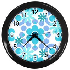 Flowers Pearls And Donuts Pastel Teal Periwinkle Teal White  Wall Clock (Black)