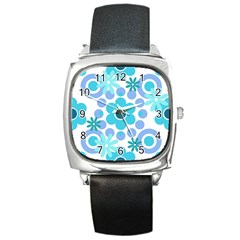 Flowers Pearls And Donuts Pastel Teal Periwinkle Teal White  Square Metal Watch