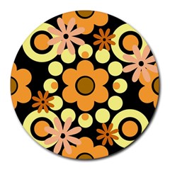 Flowers Pearls And Donuts Peach Yellow Orange Black Round Mousepad by Mazipoodles