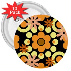 Flowers Pearls And Donuts Peach Yellow Orange Black 3  Buttons (10 Pack) 