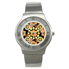 Flowers Pearls And Donuts Peach Yellow Orange Black Stainless Steel Watch
