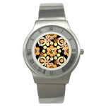 Flowers Pearls And Donuts Peach Yellow Orange Black Stainless Steel Watch Front