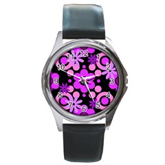 Flowers Pearl And Donuts Lilac Blush Pink Magenta Black  Round Metal Watch by Mazipoodles