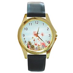 Cosmos Flower Blossom In Garden Round Gold Metal Watch by artworkshop