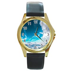 Landscape Sky Clouds Hd Wallpaper Round Gold Metal Watch by artworkshop