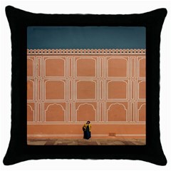 Person Stands By Tall Orange Wall And Looks- Up Throw Pillow Case (black)