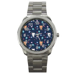 Cute-astronaut-cat-with-star-galaxy-elements-seamless-pattern Sport Metal Watch by Vaneshart