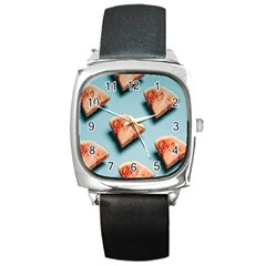 Watermelon Against Blue Surface Pattern Square Metal Watch