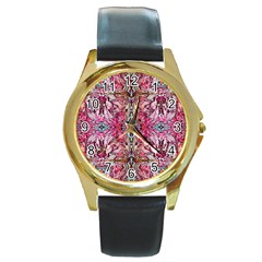 Fuchsia Funky Repeats I Round Gold Metal Watch by kaleidomarblingart