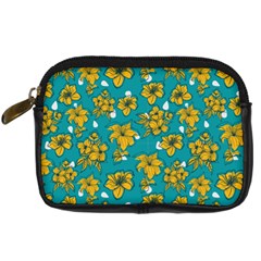 Turquoise And Yellow Floral Digital Camera Leather Case by fructosebat